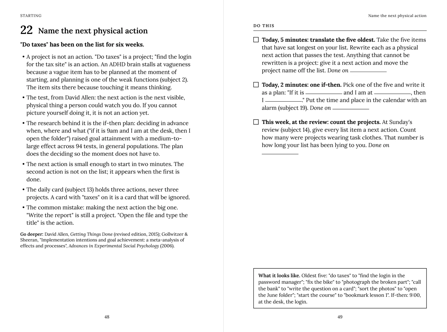 Sample spread: 22 · Name the next physical action. Open the PDF sample to read the text.