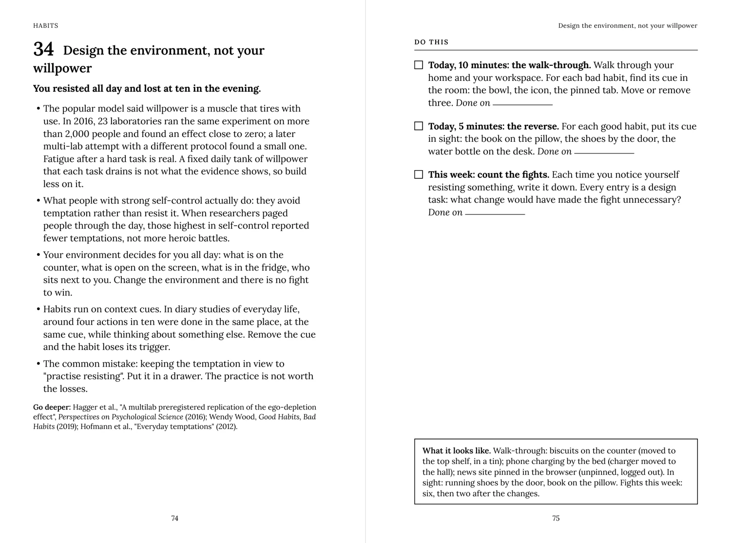 Sample spread: 34 · Design the environment, not your willpower. Open the PDF sample to read the text.
